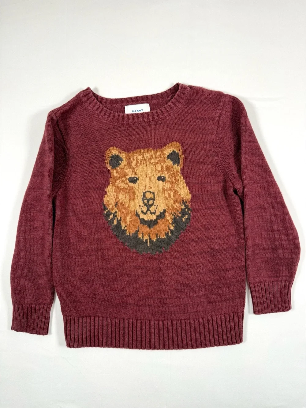 OLD NAVY Bear Sweater Toddler Boys 5T‎ Woodland Animal Knit Pullover Burgundy